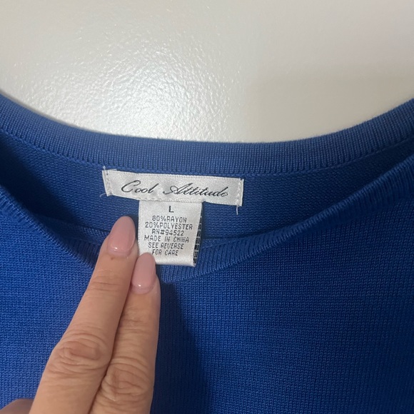 COOL ATTITUDE Royal Blue Black Stripe Short Sleeve Belted Knit Dress L - Picture 2 of 5